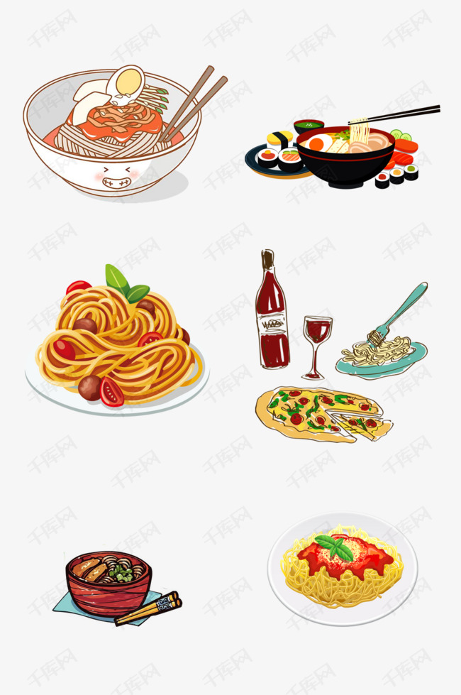 设计素材的素材免抠手绘风格卡通食物创意拉面美食海报餐饮美食螺旋面