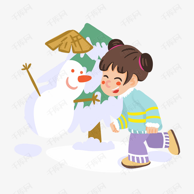 冬季雪景女生雪人开心