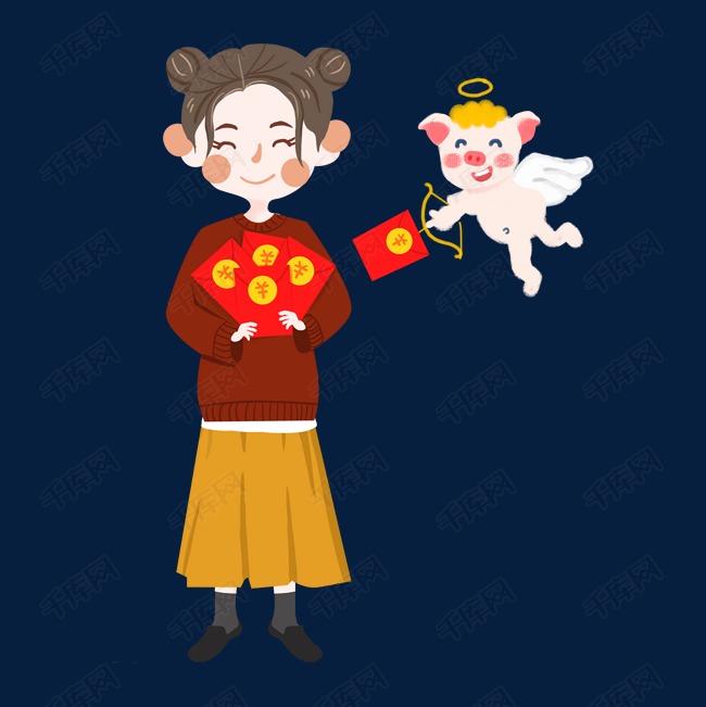 春节卡通手绘过年收到红包的小女孩和送红包的