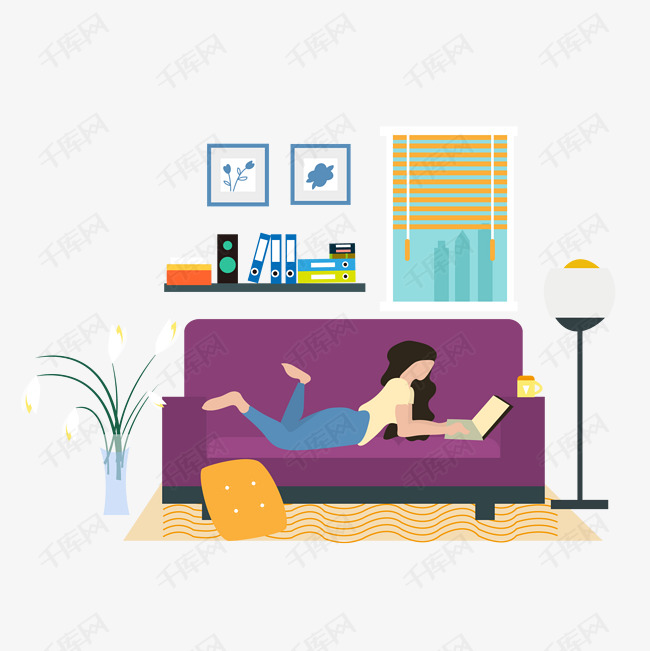 卡通插画风趴在沙发上的女人