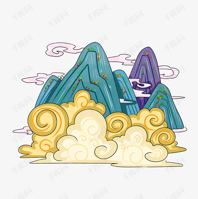 农历新年新中式风格装饰山手绘插画