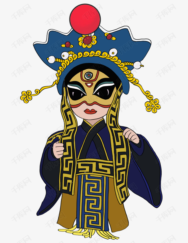 文化节蓝灰色系手绘插画风二郎神京剧脸谱png免抠图
