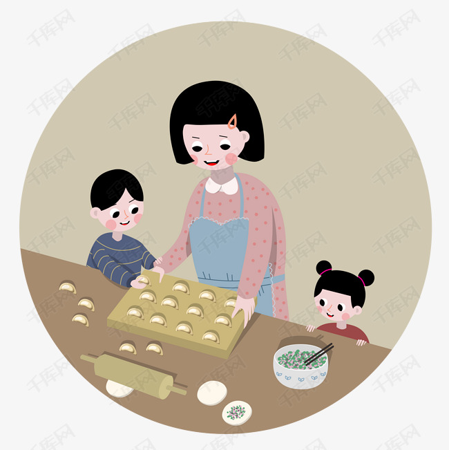 春节习俗妈妈小孩包饺子png素材图片免费下载_高清psd