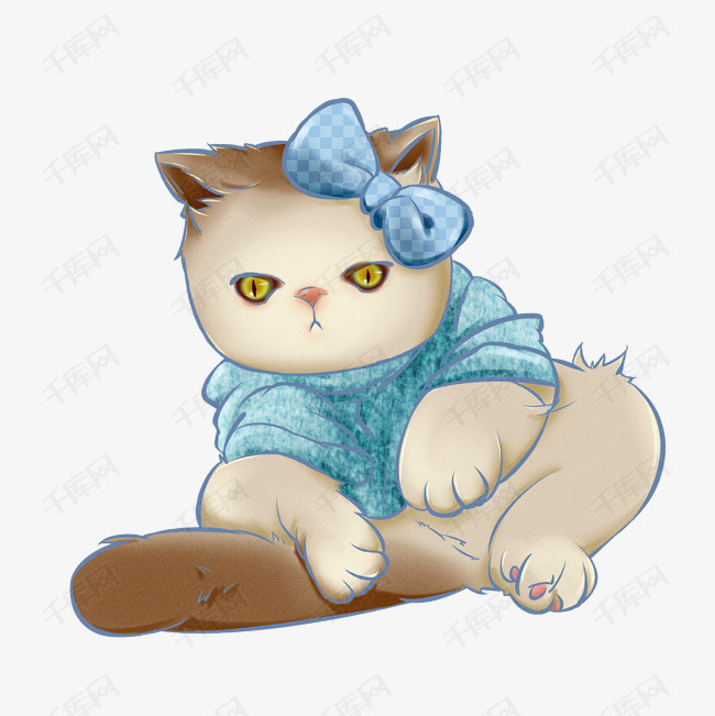 手绘小猫蓝色蝴蝶结