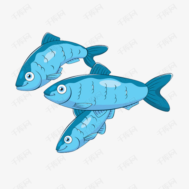 卡通手绘插画装饰蓝色三条小鱼