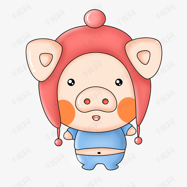 呆萌可爱的戴红帽子的胖嘟嘟的小猪