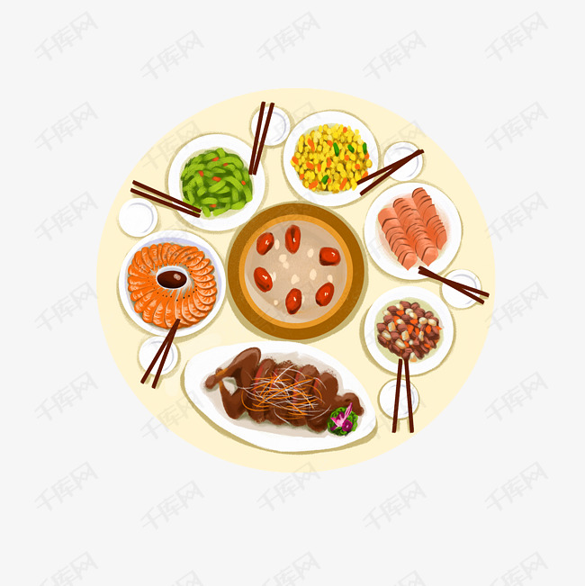 年夜饭聚餐丰盛手绘插画