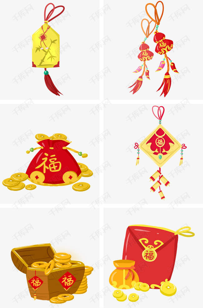 中国风精致配饰福袋金币元宝手绘插画
