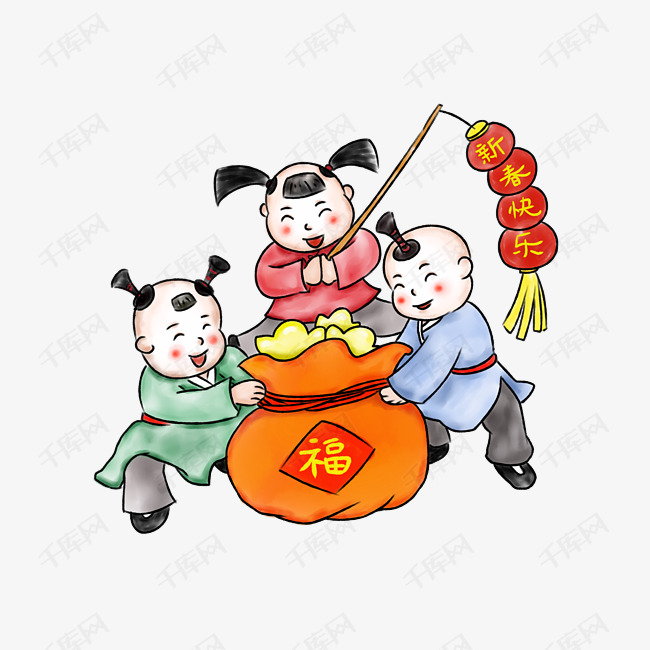 中国风2019年农历新年福娃拿福袋png免抠图素材图片