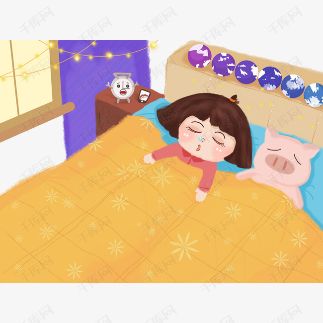 冬季手绘卡通睡觉赖床小女孩