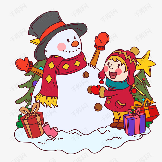 圣诞节儿童和雪人插画