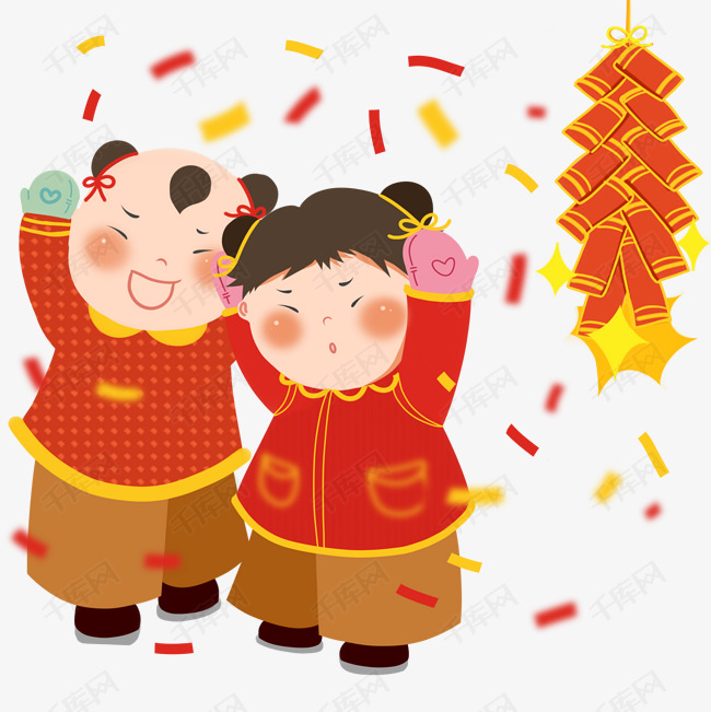 2019年手绘中国风金童玉女拜年放鞭炮