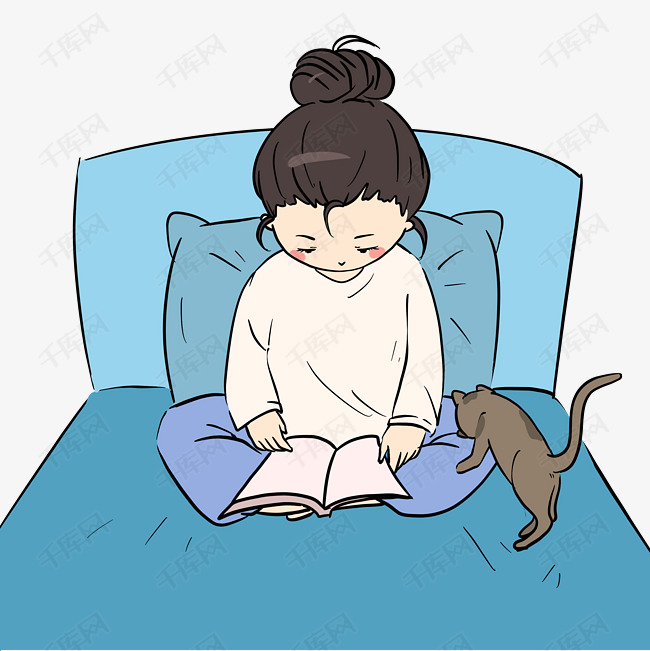 宅在家的小女孩在看书手绘插画