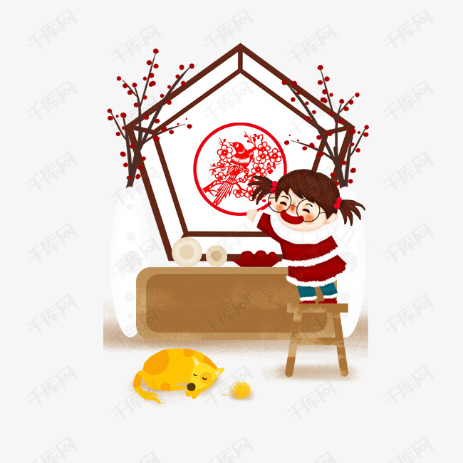 手绘插画贴窗花的女孩