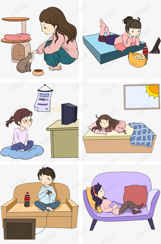 宅在家的小女孩手绘插画