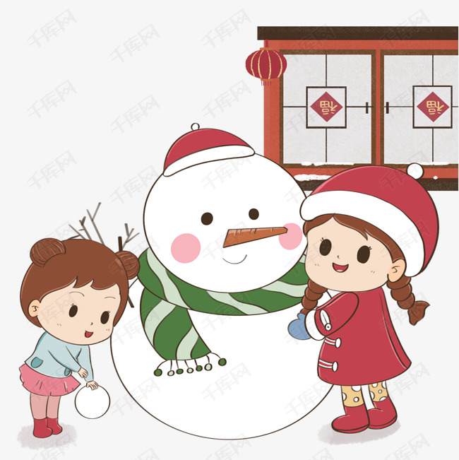 大雪漫天飞舞小女孩儿堆雪人打雪仗