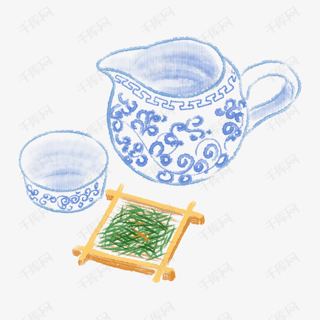 水墨青花瓷茶具插画