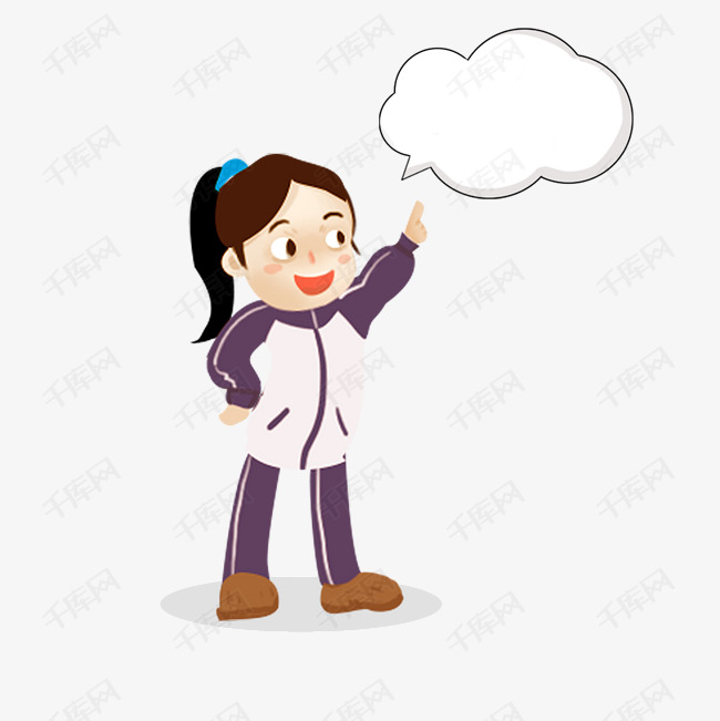 卡通手绘可爱的穿校服的小女孩指着对话框