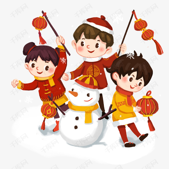2019年手绘中国风小朋友堆雪人过新年