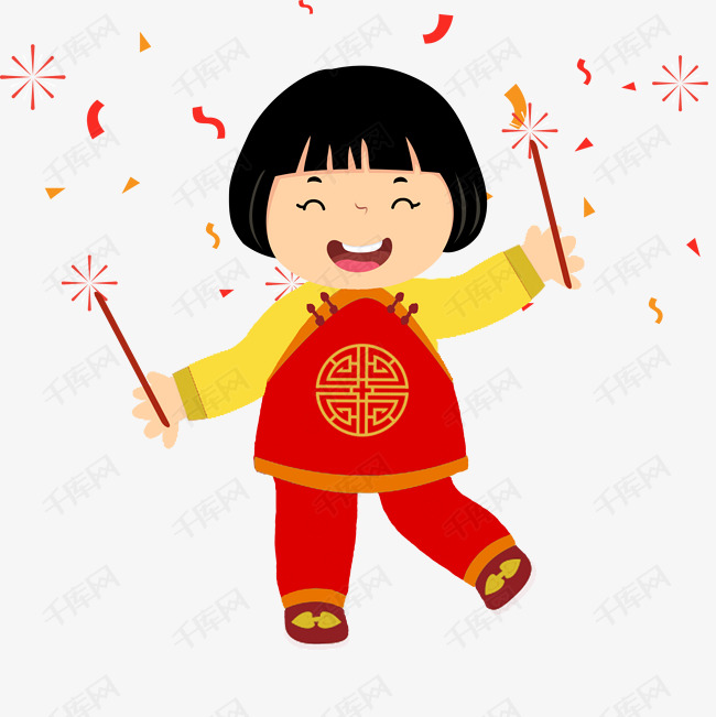 2018新年卡通娃娃卡通女孩中国风烟花余矢量图