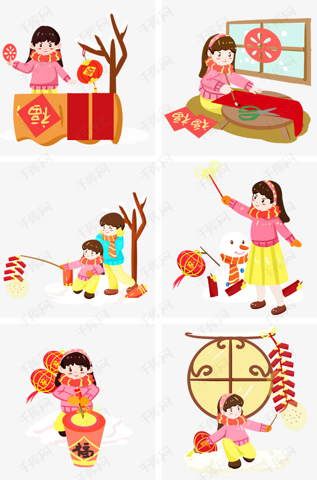 春节传统习俗写对联放鞭炮手绘插画