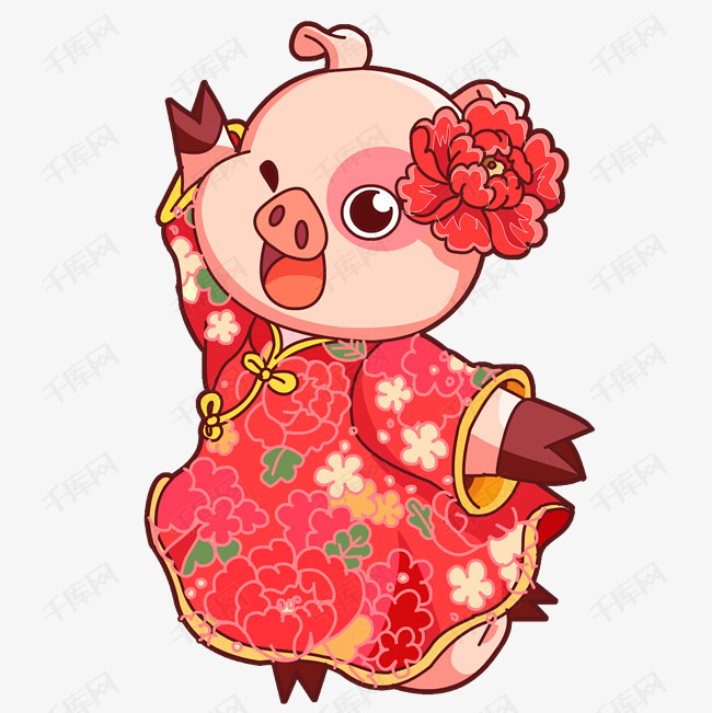 带着可爱小红花的卡通新年小猪免抠图素材图片免费