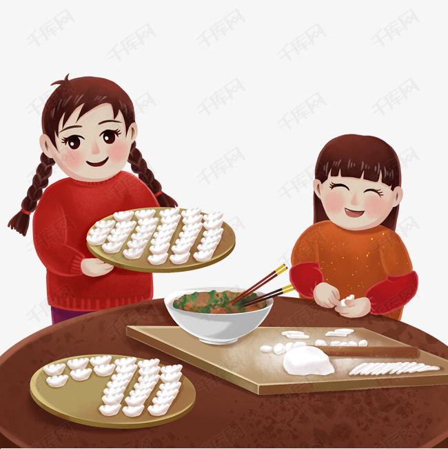 新年年夜饭包饺子煮饺子卡通手绘