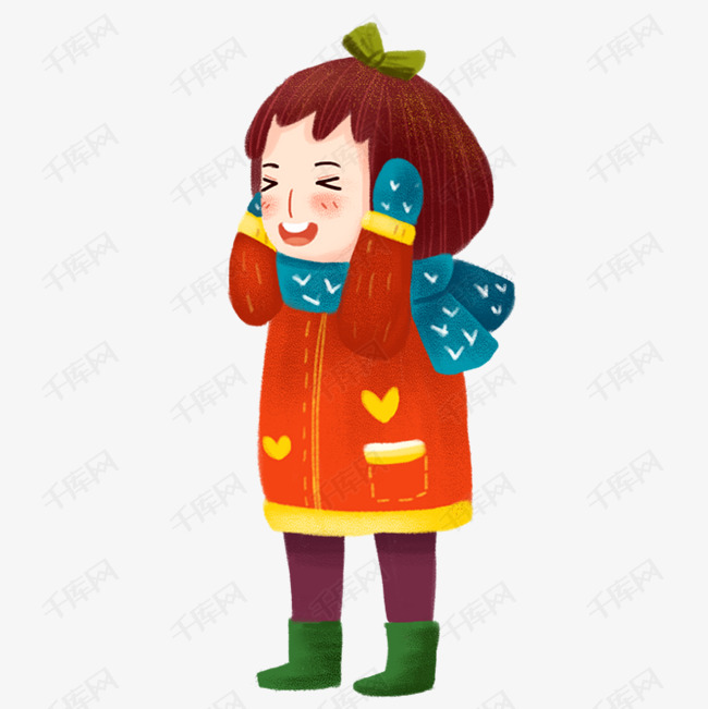 冬天捂着耳朵系着绿围巾的小女孩