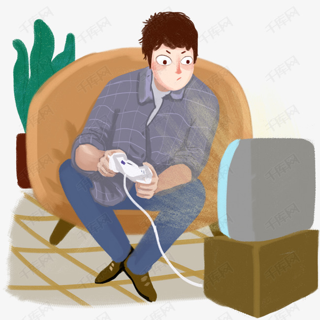 宅在家的男孩在玩游戏手绘插画