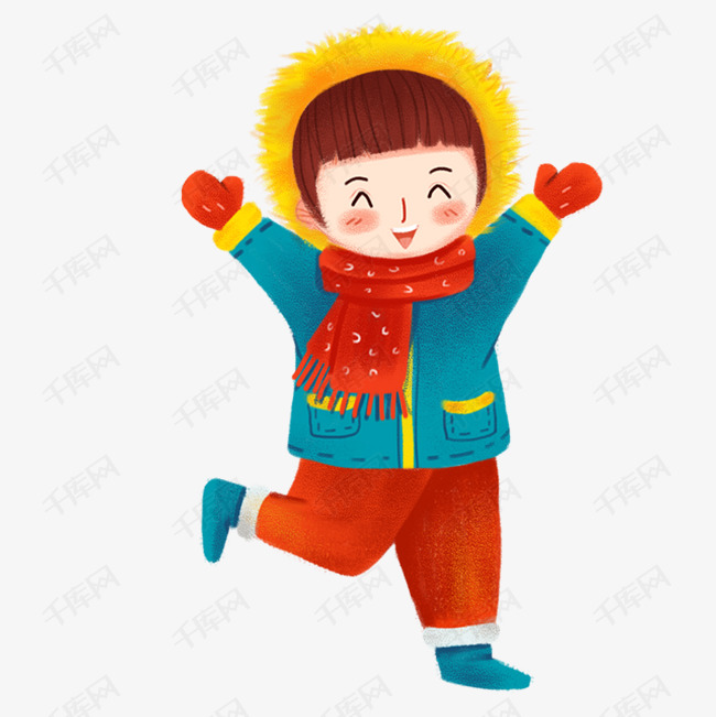 戴着黄色帽子蹦蹦跳跳的卡通手绘