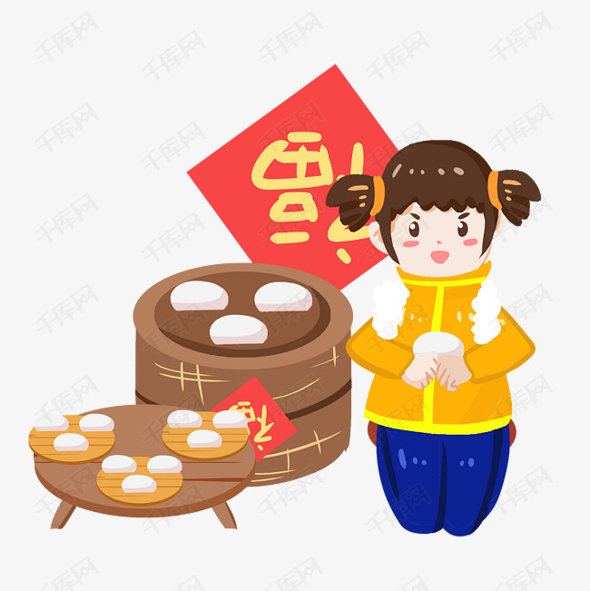 中国传统节日蒸馒头手绘插画