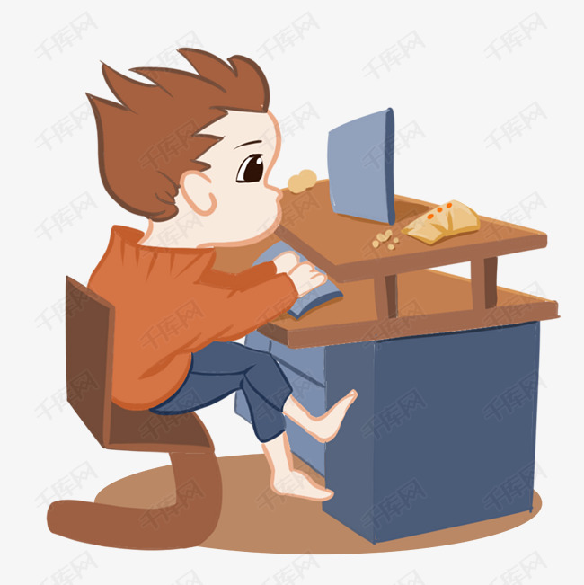 宅在家吃零食追剧的男孩手绘插画