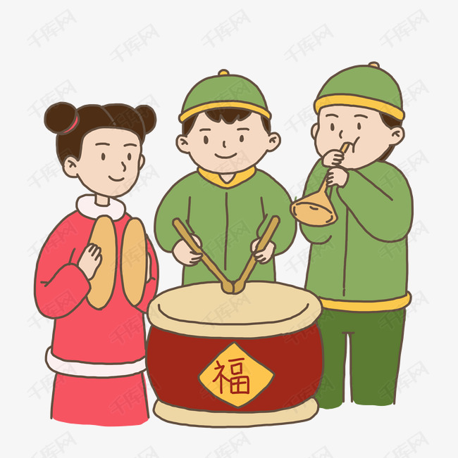 2019新年习俗敲锣打鼓手绘插画免抠元素下载