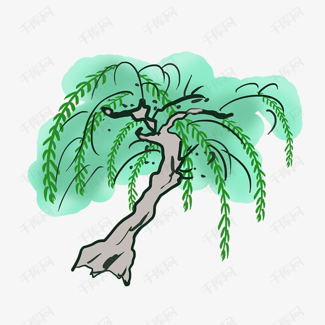 手绘水墨柳树插画