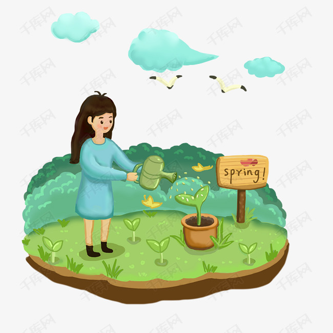 立春浇花的小女孩