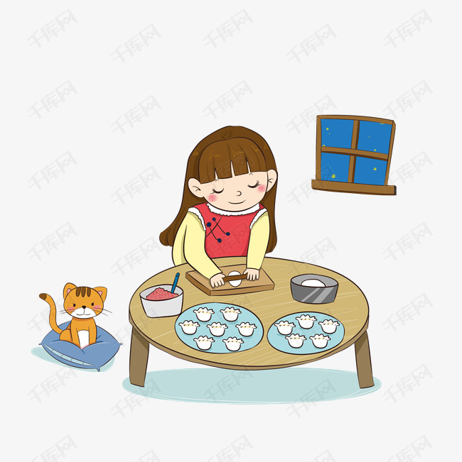手绘新年包饺子插画