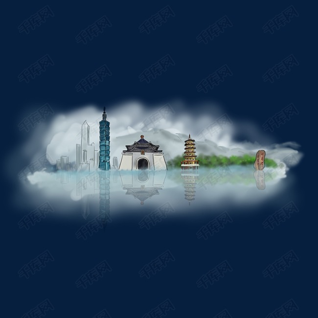 手绘台湾地标建筑