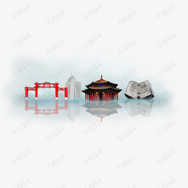 手绘沈阳地标建筑