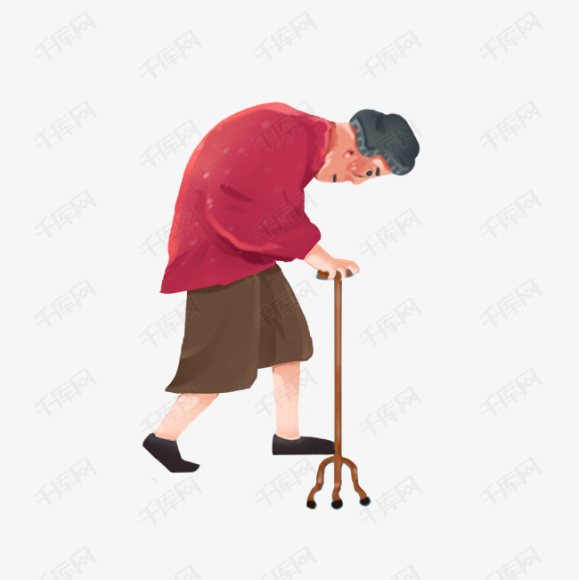 卡通手绘戴帽子拄拐杖驼背的老人