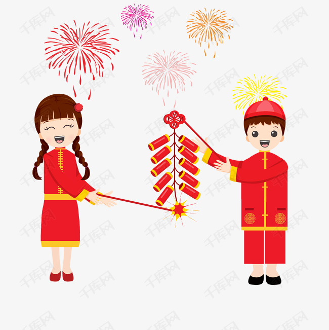 2018新年卡通娃娃男孩女孩拜年烟花爆竹矢量