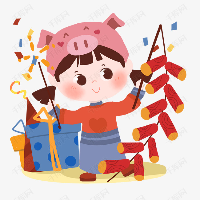 新年猪猪女孩放鞭炮png素材图片免费下载_高清psd_千