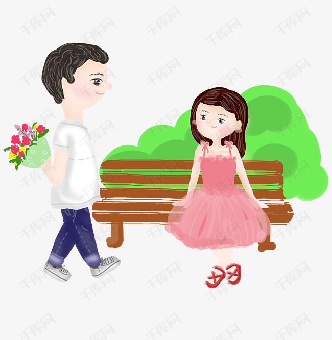 情人节小清新情侣送花约会卡通手绘