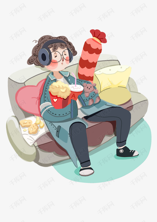 手绘宅生活吃零食插画