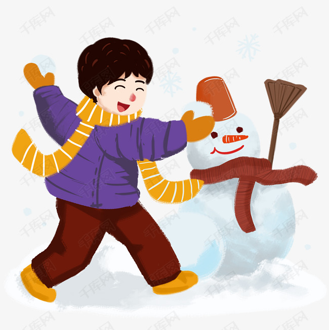 冬季堆雪人 打雪仗手绘卡通人物png素材
