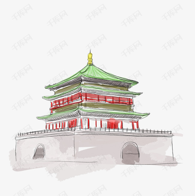 西安钟楼水彩建筑