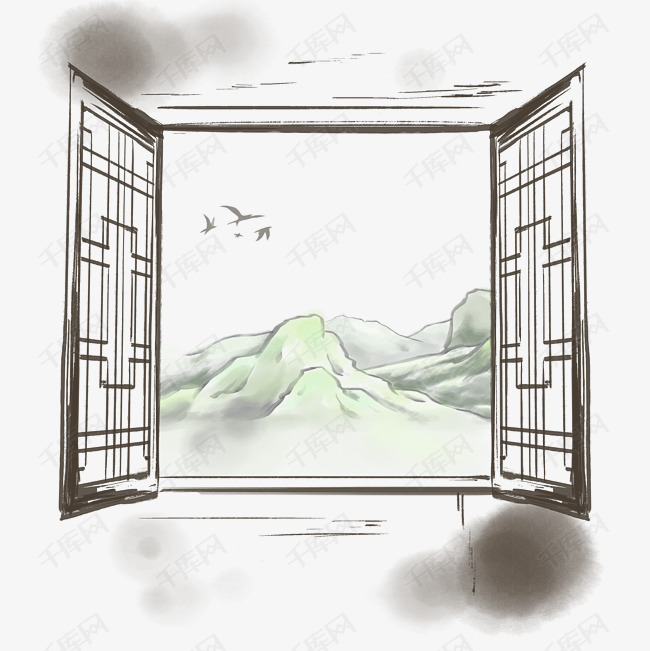 水墨风格中国风传统窗框窗户山水鸟墨迹