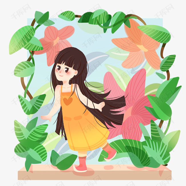 春分漂亮的小女孩和小花插画