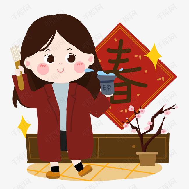 春节卡通女生贴春联png素材