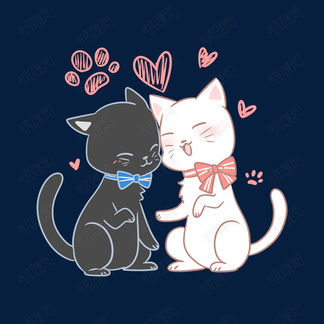 情人节手绘可爱黑白猫咪情侣PNG图片素材