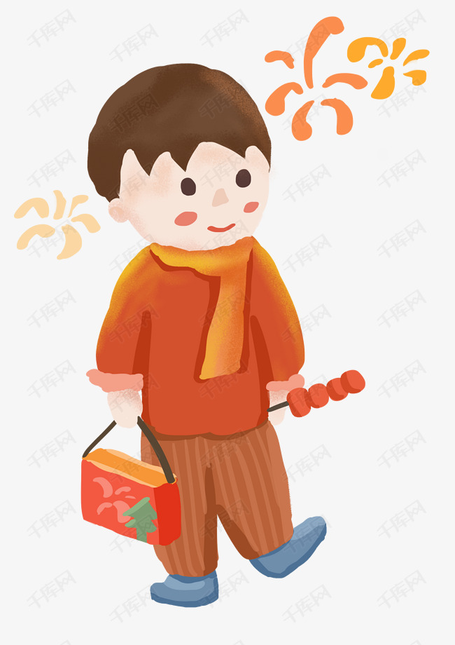 春节买年货过年喜庆男孩人物手拿冰糖葫芦烟花肌理